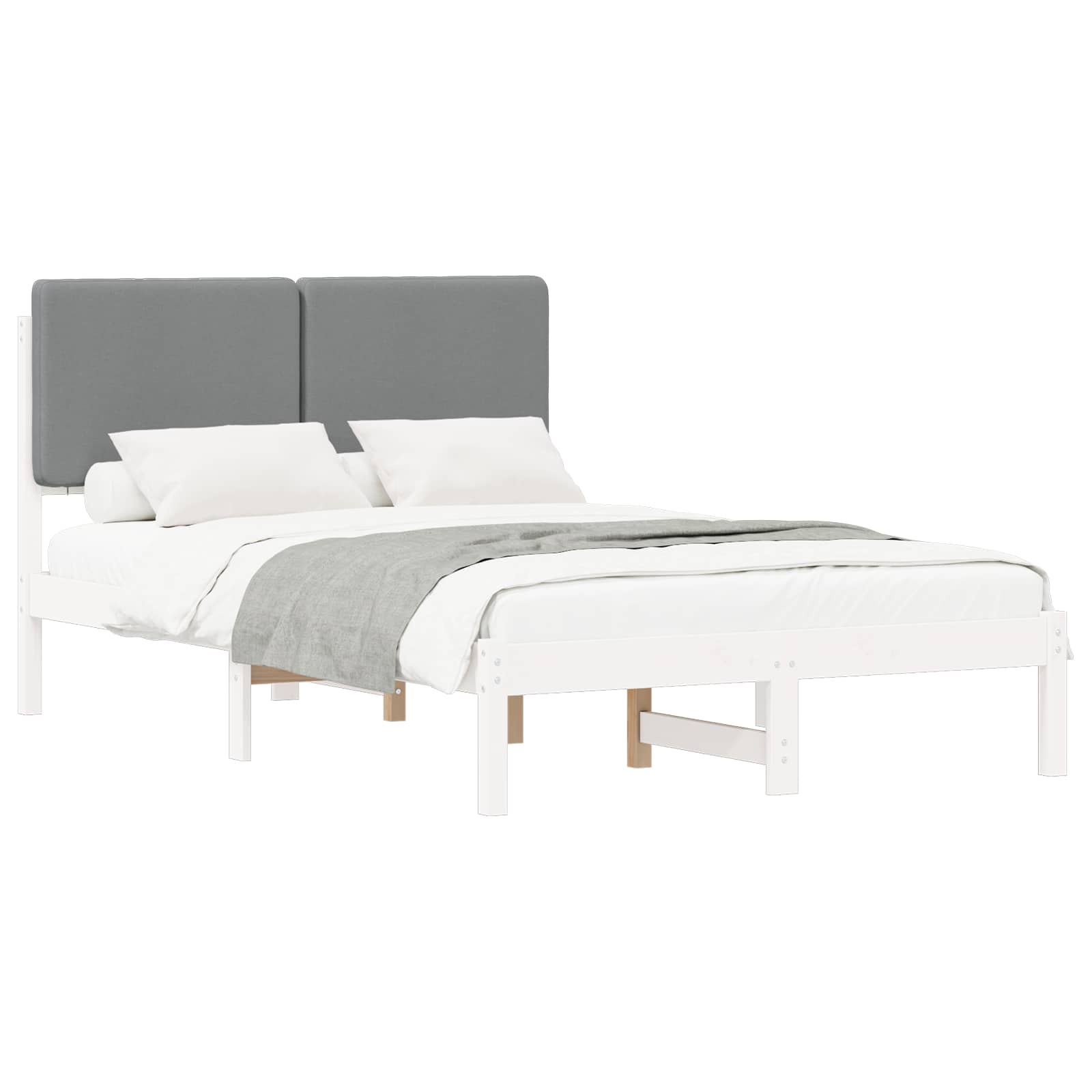 Estrutura de cama com cabeceira estofada cinzento-claro