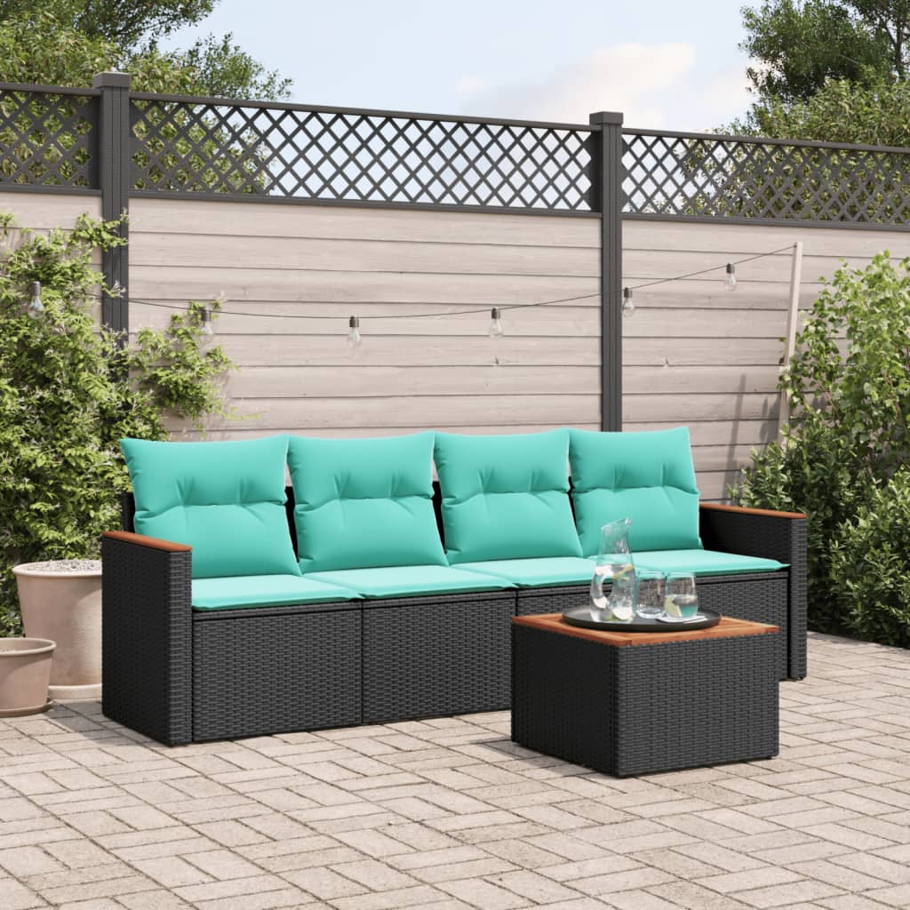 Conjunto de sofá de jardim de 5 peças com almofadas em rattan sintético preto