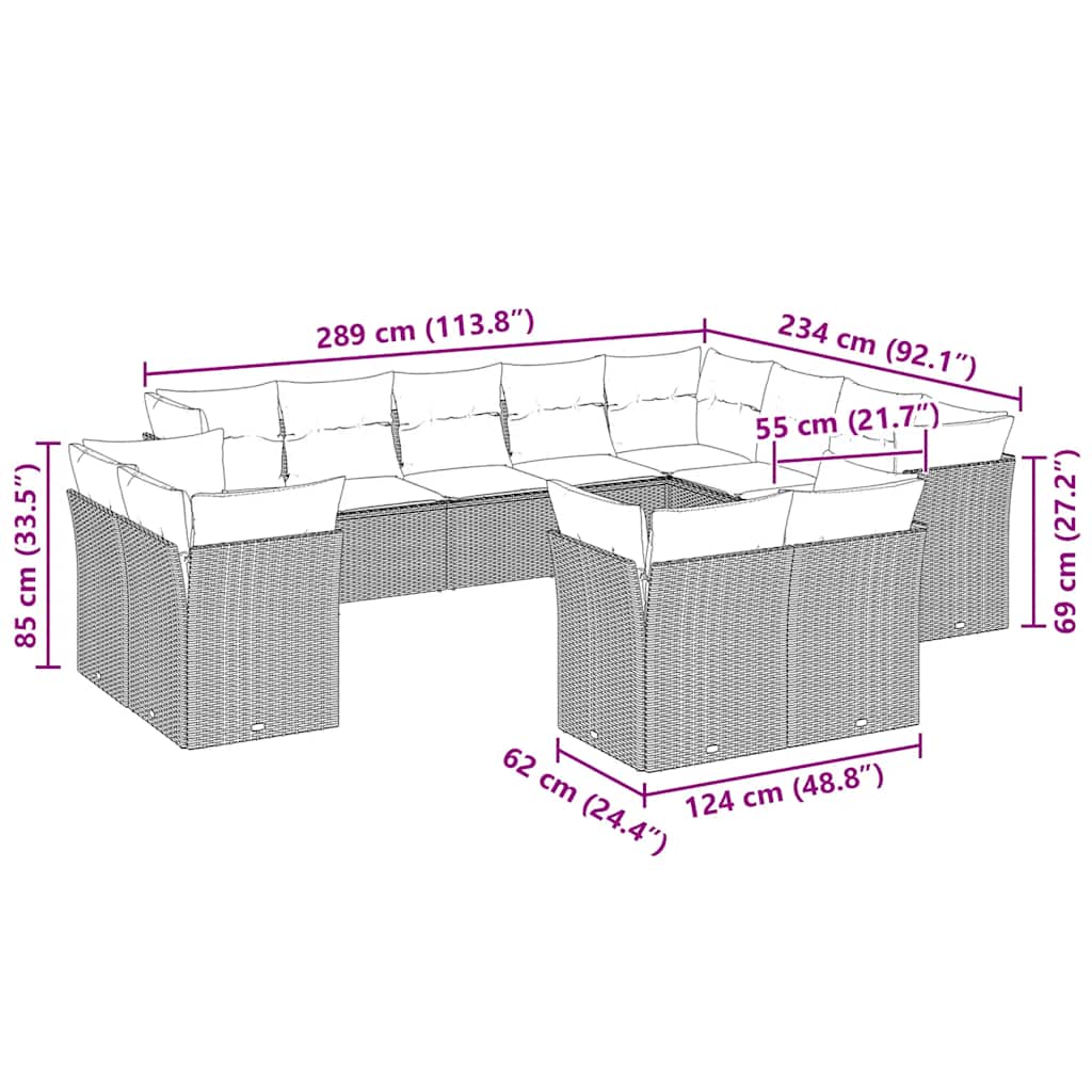 12 Pcs conj. sofás jardim com almofadões vime PE cinzento-claro