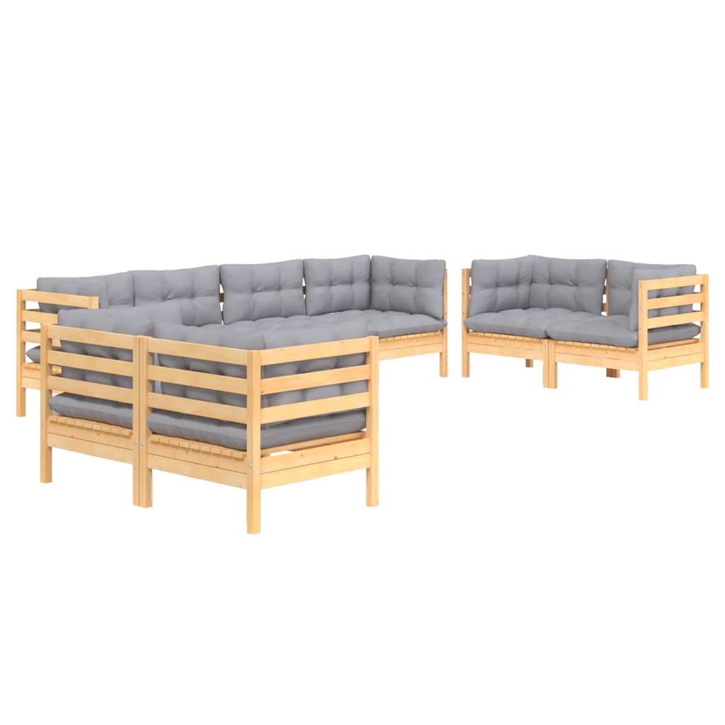 8Pcs conjunto lounge de jardim c/ almofadões cinza pinho maciço