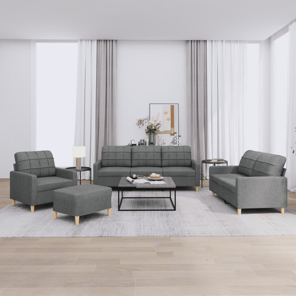 4 Pcs conjunto de sofás com almofadões tecido cinzento-escuro