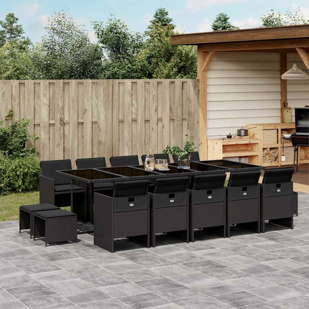 15 Pcs conjunto de jantar p/jardim com almofadões vime PE preto