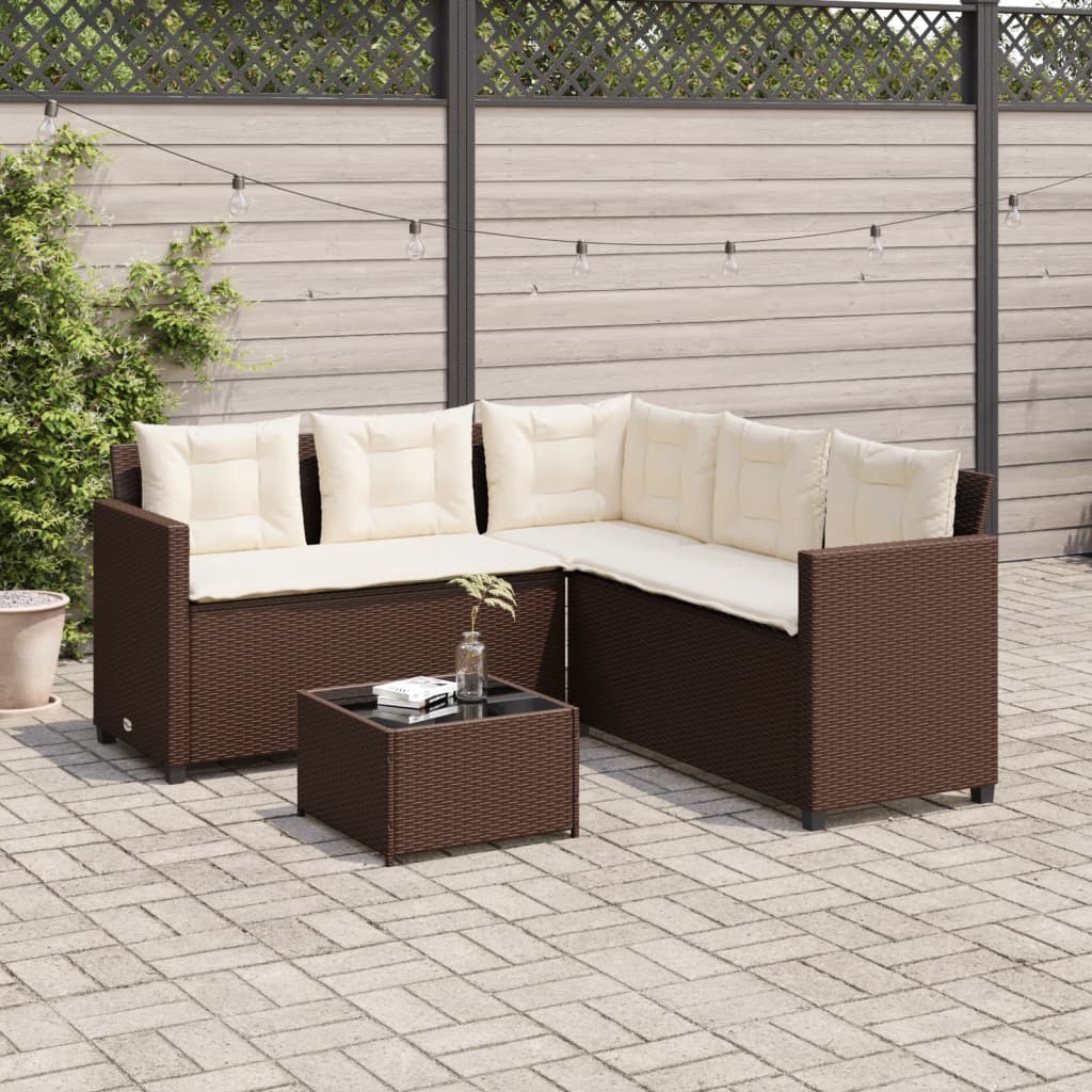 Sofá de jardim forma de l c/ mesa e almofadões vime PE castanho