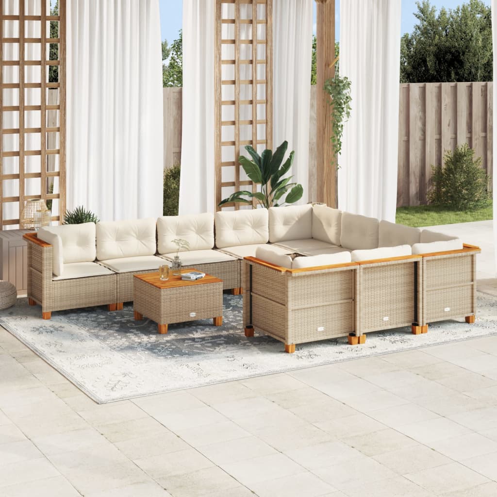 11 Pcs conjunto sofás de jardim c/ almofadões vime PE bege