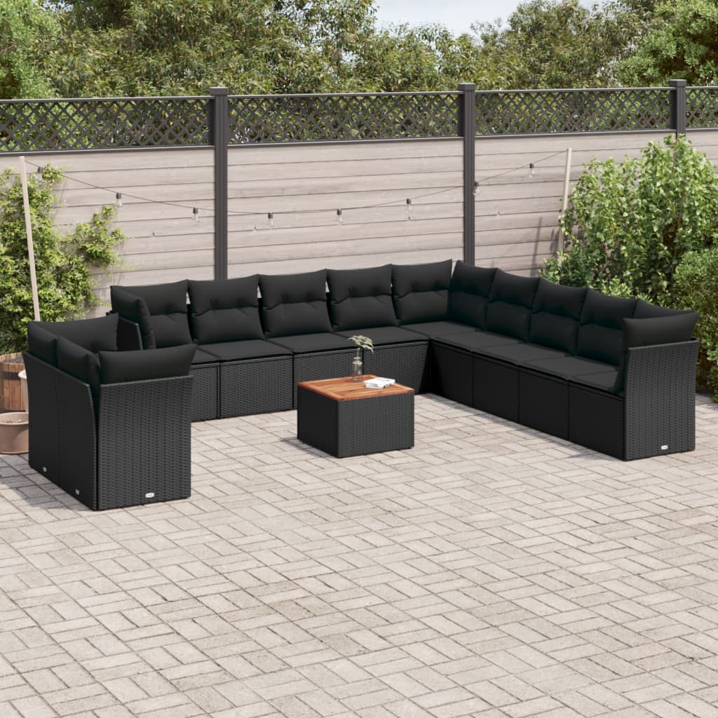 12 Pcs conjunto de sofás de jardim c/ almofadões vime PE preto