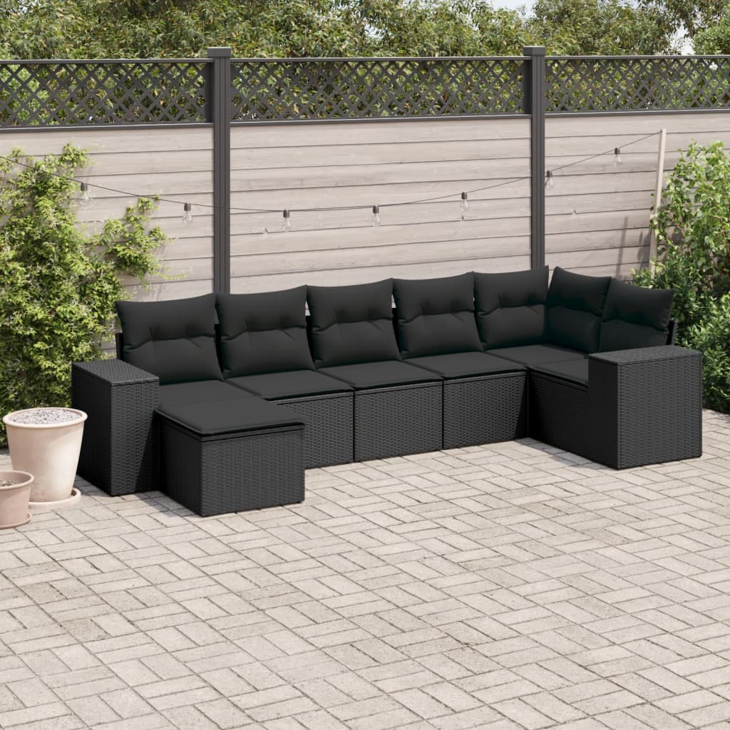 7 Pcs conjunto de sofás p/ jardim c/ almofadões vime PE preto