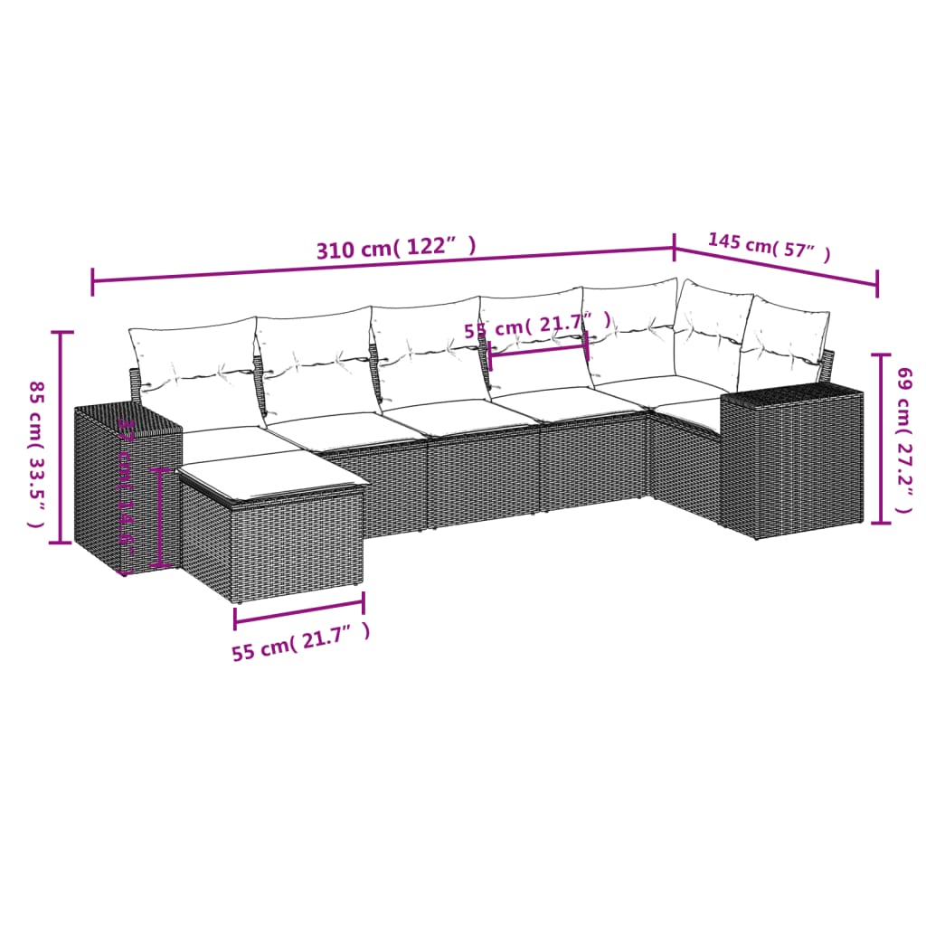 7 Pcs conjunto de sofás p/ jardim c/ almofadões vime PE preto