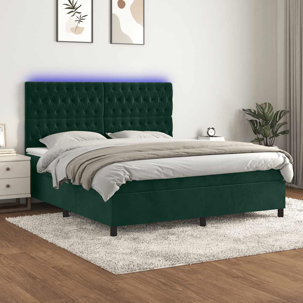 Cama box spring c/ colchão/LED 180x200 cm veludo verde-escuro