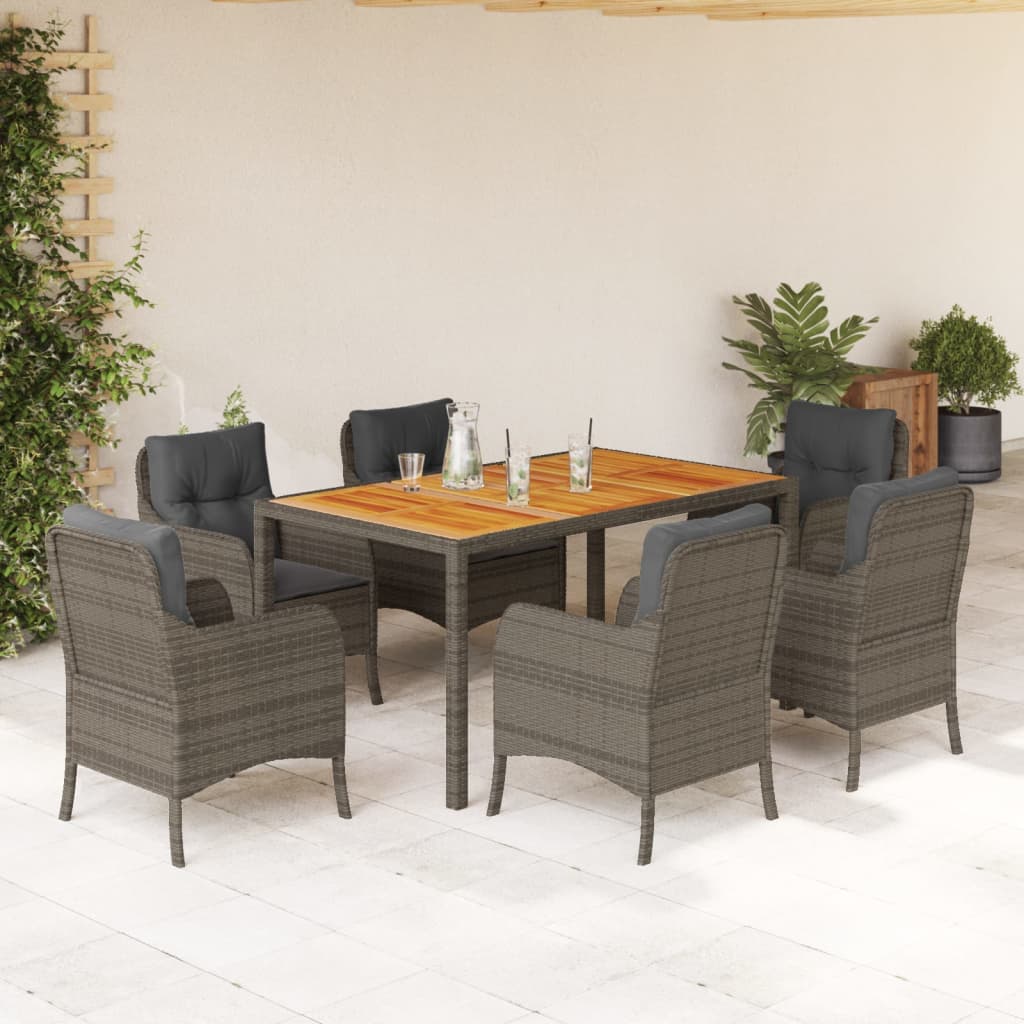7 Pcs conjunto de jantar p/ jardim c/ almofadões vime PE cinza