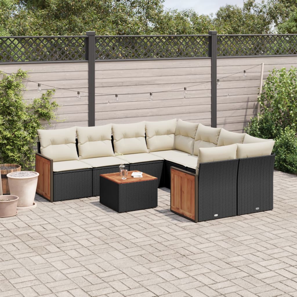 9 Pcs conjunto de sofás p/ jardim c/ almofadões vime PE preto
