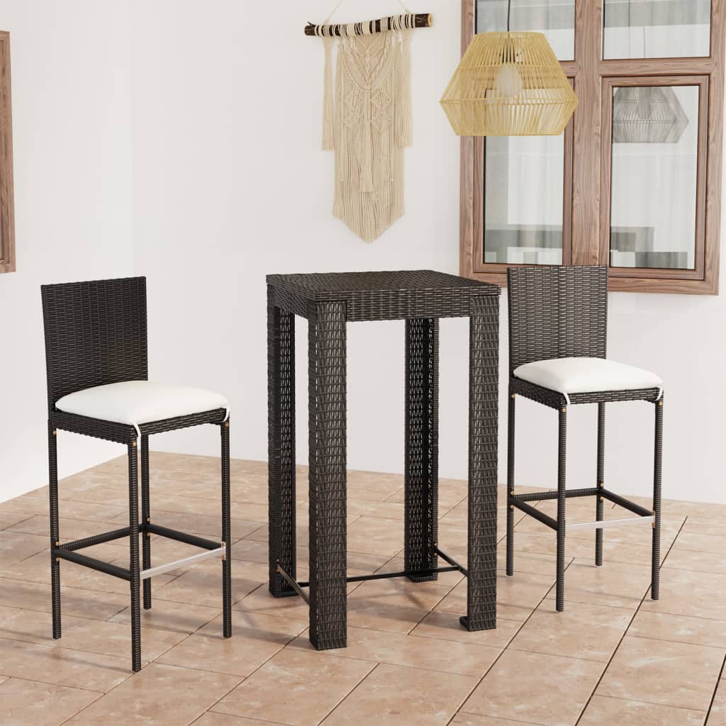 3 Pcs conjunto bar exterior com almofadões vime PE preto