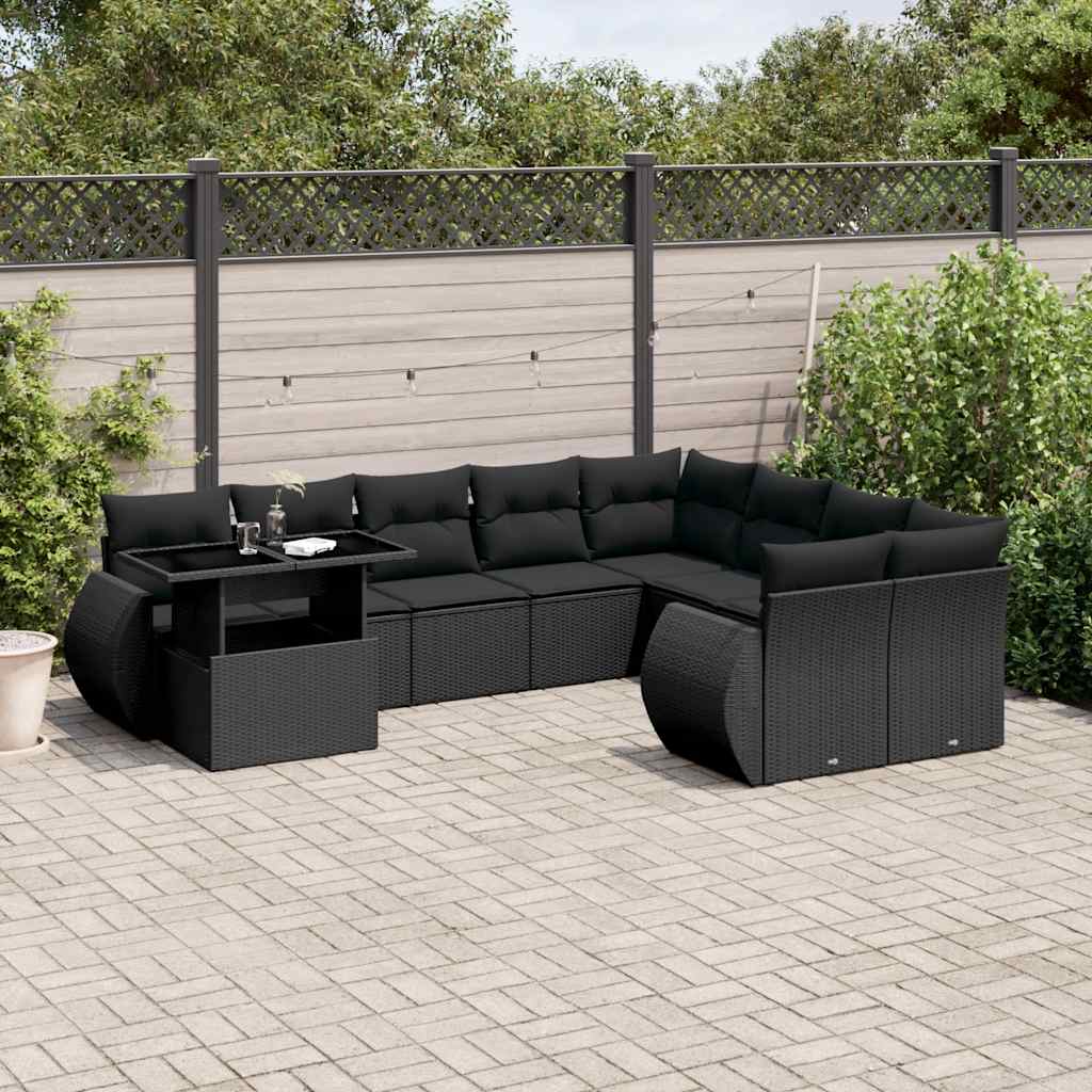 10 Pcs conjunto sofás de jardim c/ almofadões vime PE preto