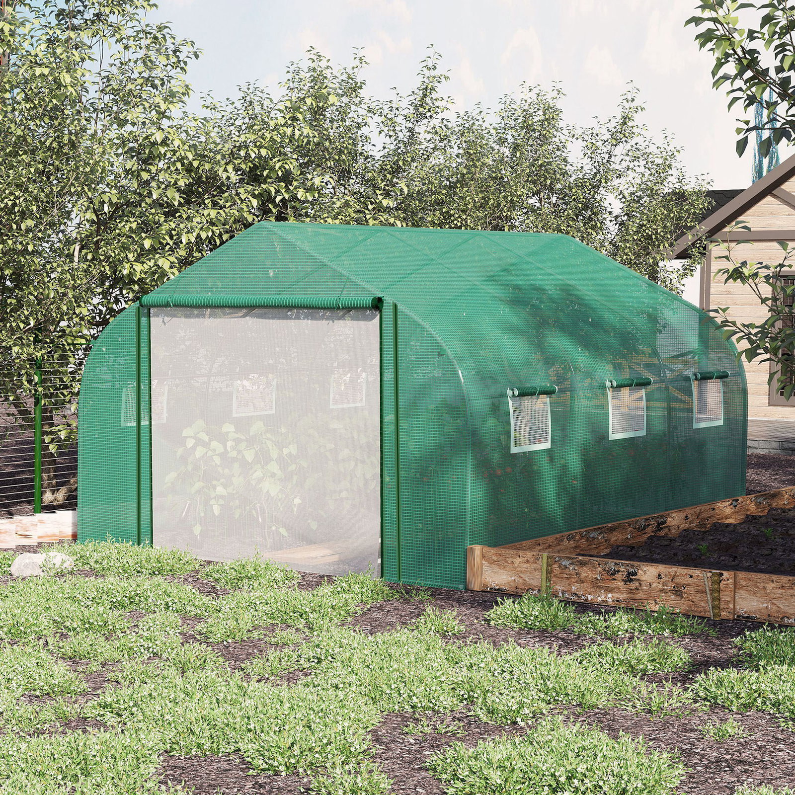 Estufa de Túnel 3,5x3x2m Estufa de Jardim com Porta e 6 Janelas Enroláveis de Polietileno Metal Galvanizado para Cultivos de Pla