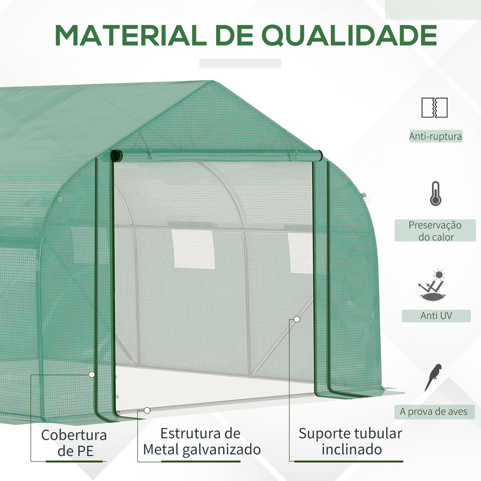 Estufa de Túnel 3,5x3x2m Estufa de Jardim com Porta e 6 Janelas Enroláveis de Polietileno Metal Galvanizado para Cultivos de Pla