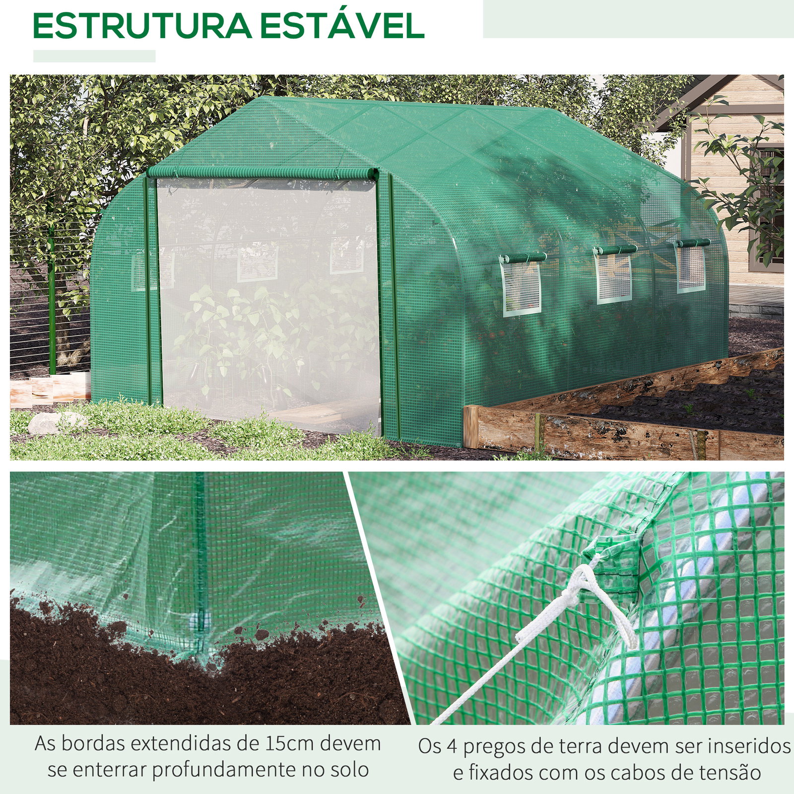 Estufa de Túnel 3,5x3x2m Estufa de Jardim com Porta e 6 Janelas Enroláveis de Polietileno Metal Galvanizado para Cultivos de Pla