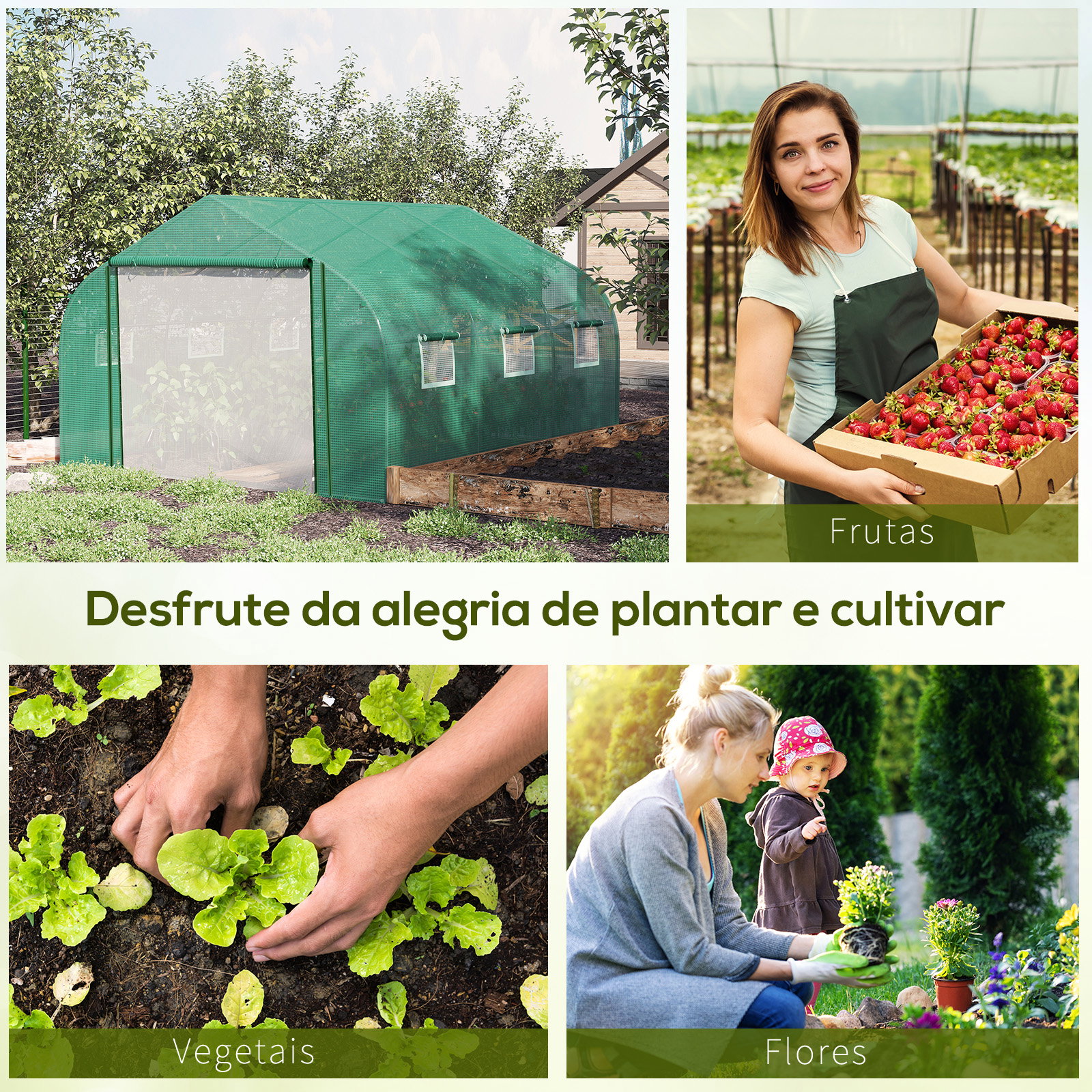 Estufa de Túnel 3,5x3x2m Estufa de Jardim com Porta e 6 Janelas Enroláveis de Polietileno Metal Galvanizado para Cultivos de Pla