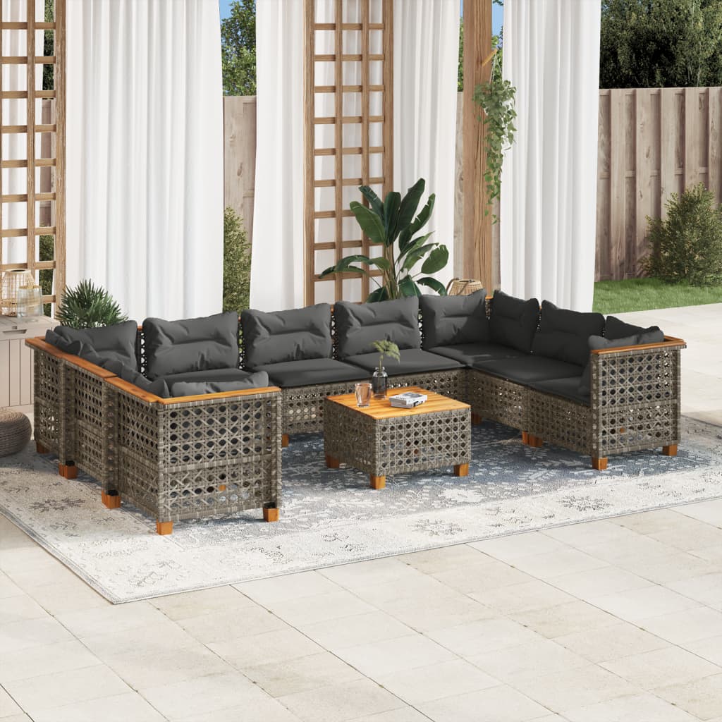 10 Pcs conjunto sofás de jardim c/ almofadões vime PE cinzento