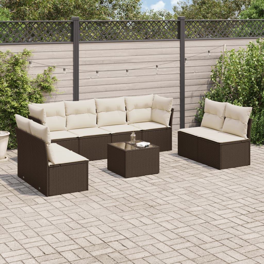 9 Pcs conjunto sofás p/ jardim c/ almofadões vime PE castanho