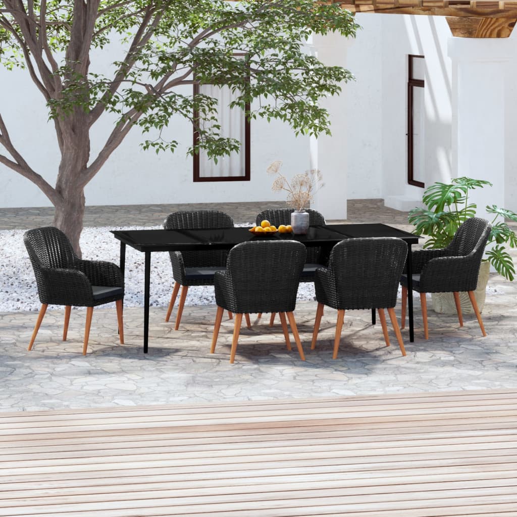 7 Pcs conjunto de jantar para jardim com almofadões preto