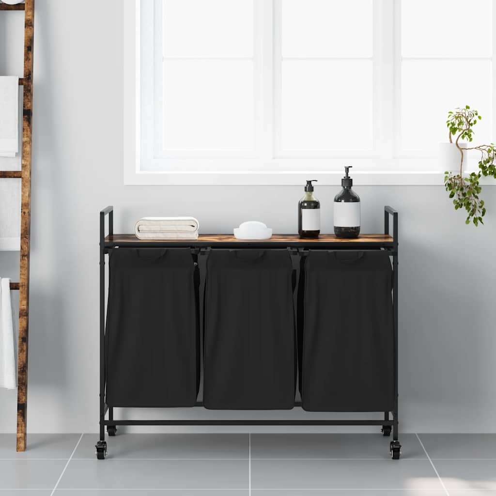 Cesto de roupa suja com 3 compartimentos e rodas, cor carvalho defumado