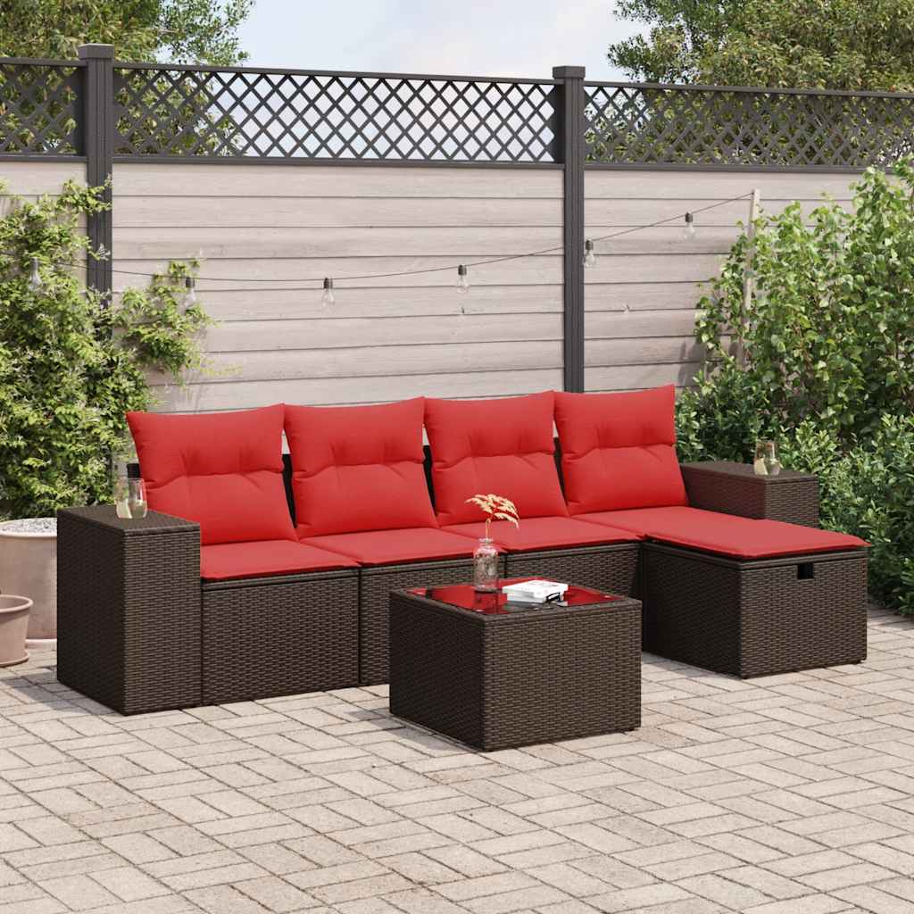 6 Pcs conjunto de sofás jardim c/ almofadões vime PE castanho
