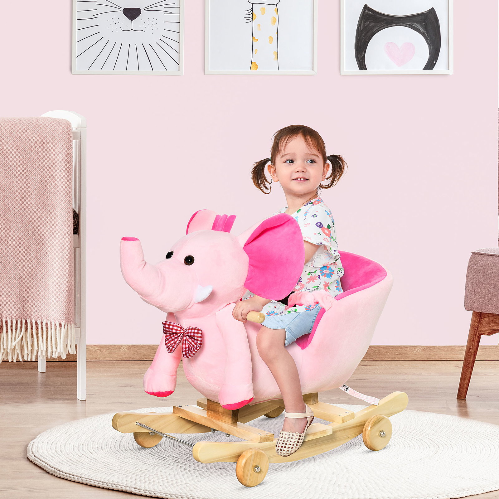 Cavalo baloiço com rodas e forma de elefante com músicas infantis e cinto de segurança 60x35x45 cm rosa