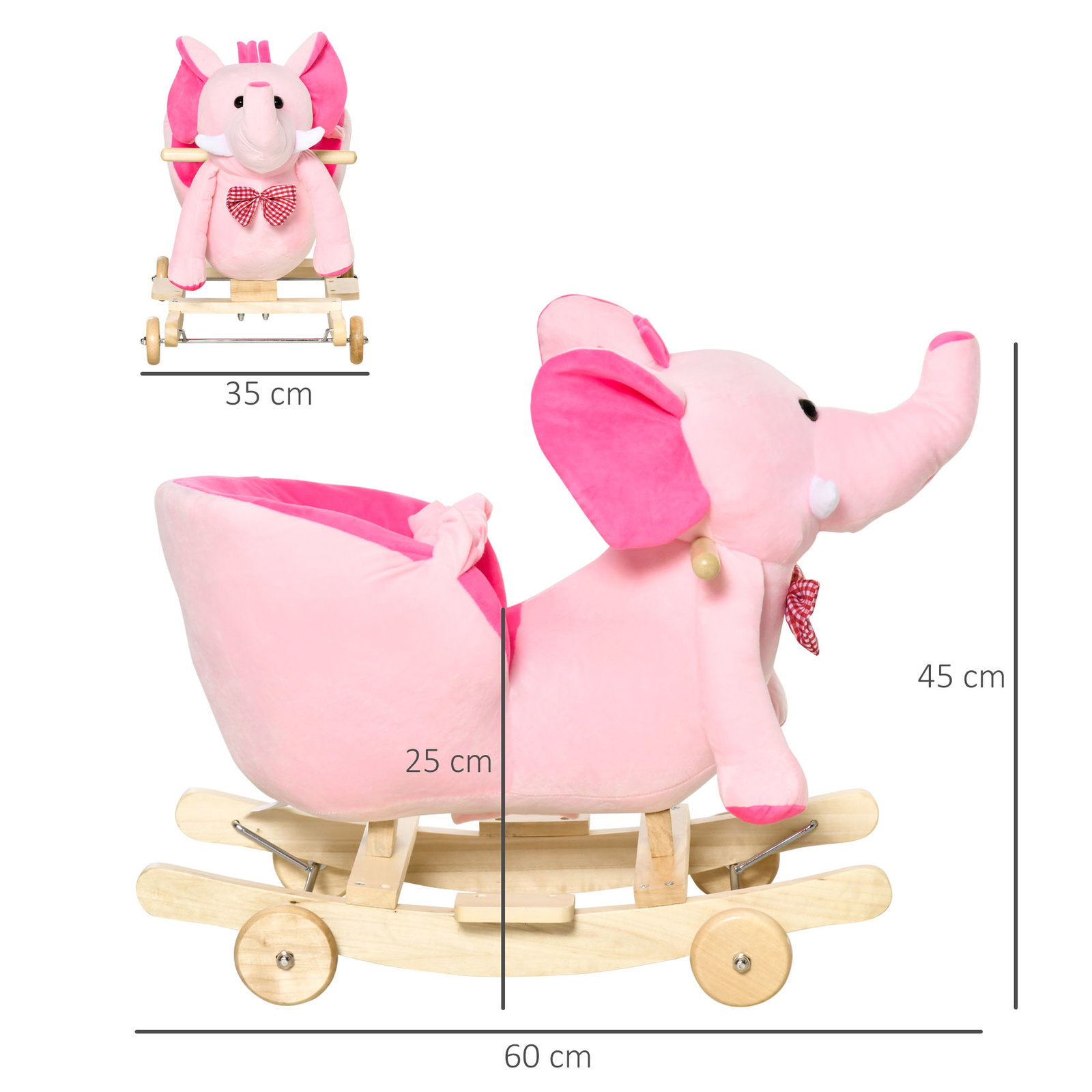 Cavalo baloiço com rodas e forma de elefante com músicas infantis e cinto de segurança 60x35x45 cm rosa