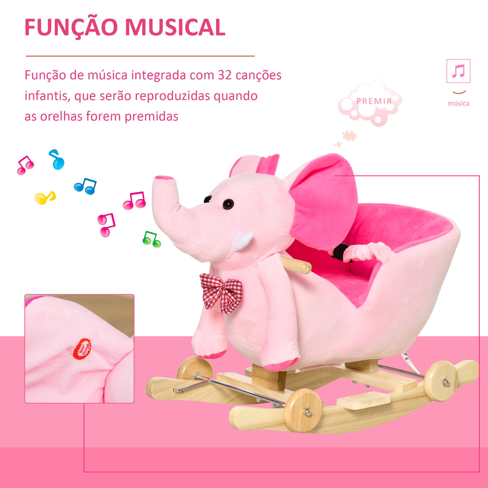 Cavalo baloiço com rodas e forma de elefante com músicas infantis e cinto de segurança 60x35x45 cm rosa