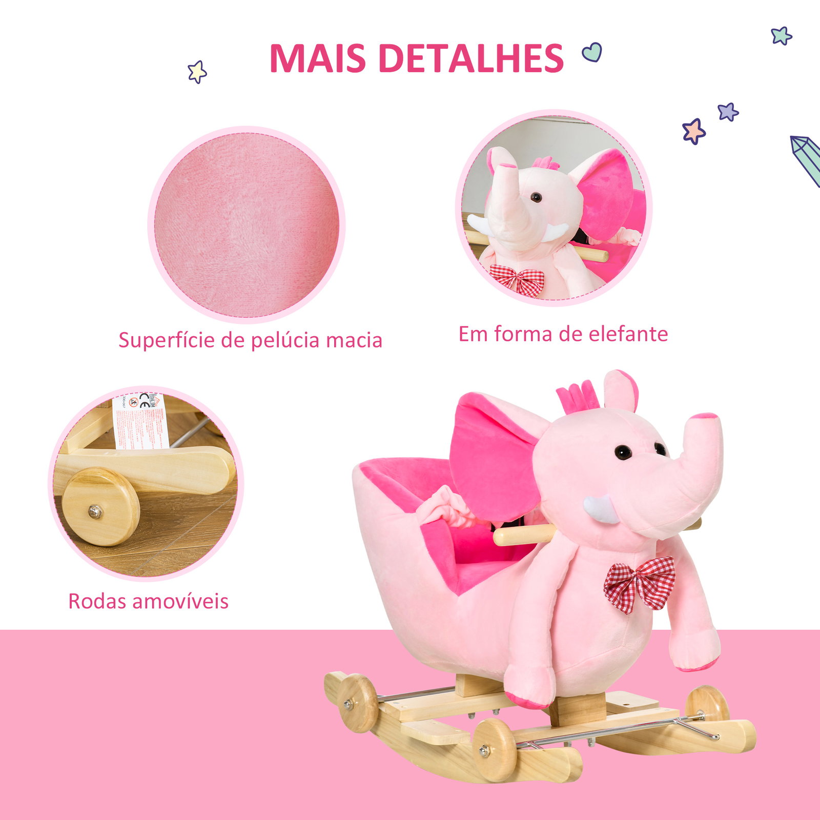 Cavalo baloiço com rodas e forma de elefante com músicas infantis e cinto de segurança 60x35x45 cm rosa