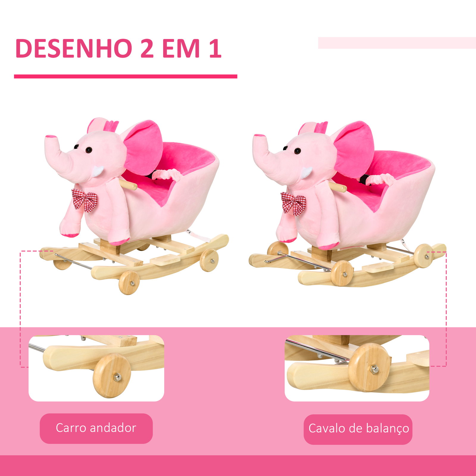 Cavalo baloiço com rodas e forma de elefante com músicas infantis e cinto de segurança 60x35x45 cm rosa