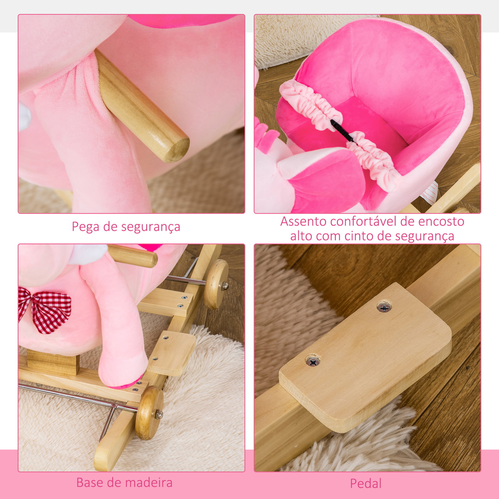 Cavalo baloiço com rodas e forma de elefante com músicas infantis e cinto de segurança 60x35x45 cm rosa