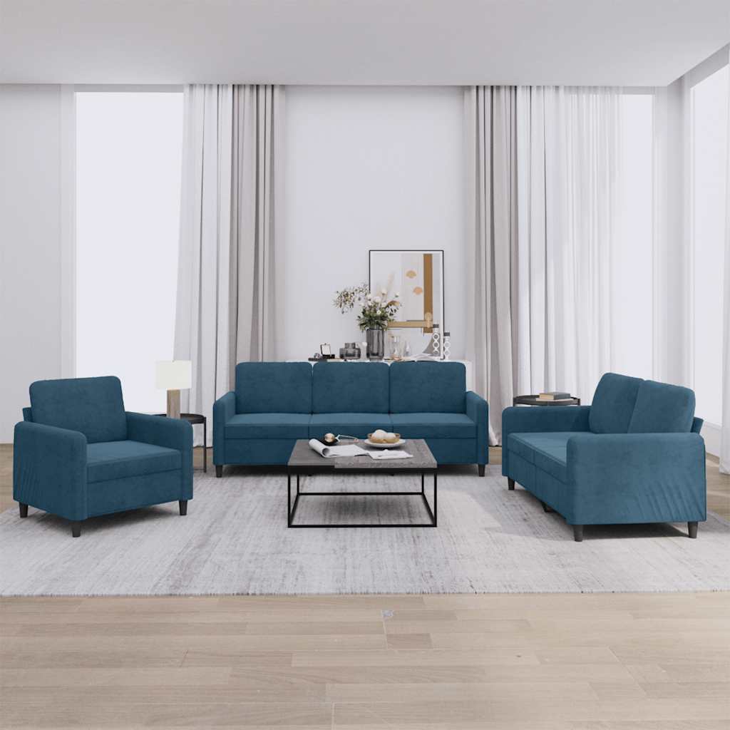 3 Pcs conjunto de sofás veludo azul