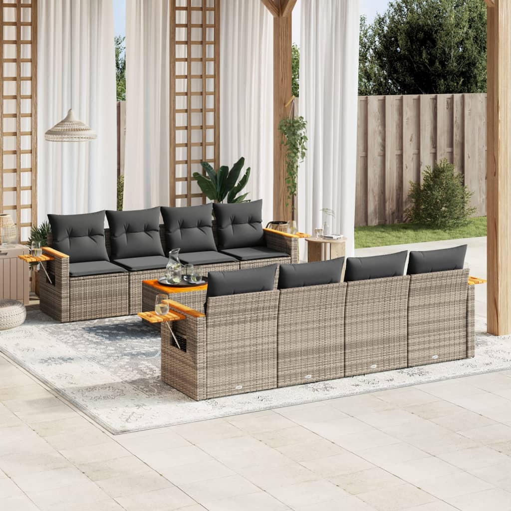 9 Pcs conjunto sofás p/ jardim com almofadões vime PE cinzento