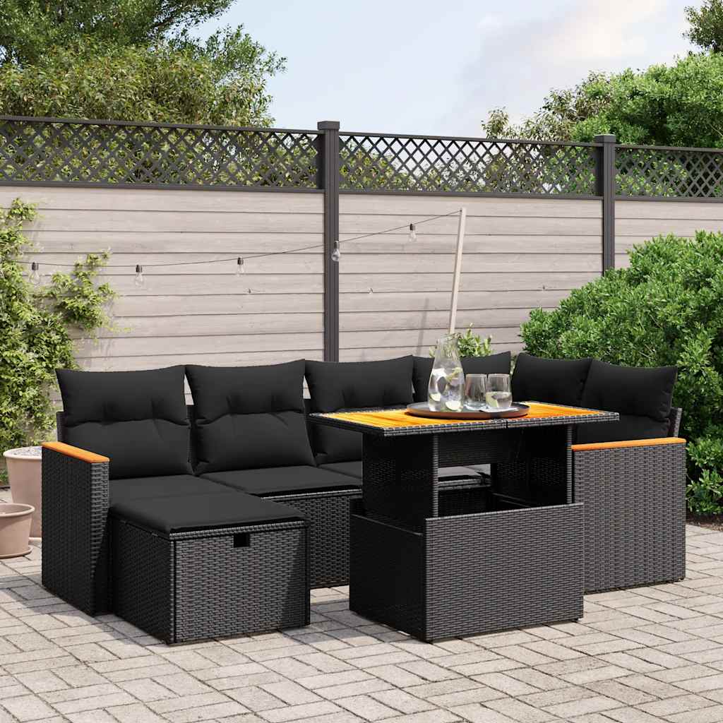 7 Pcs conjunto de sofás p/ jardim c/ almofadões vime PE preto