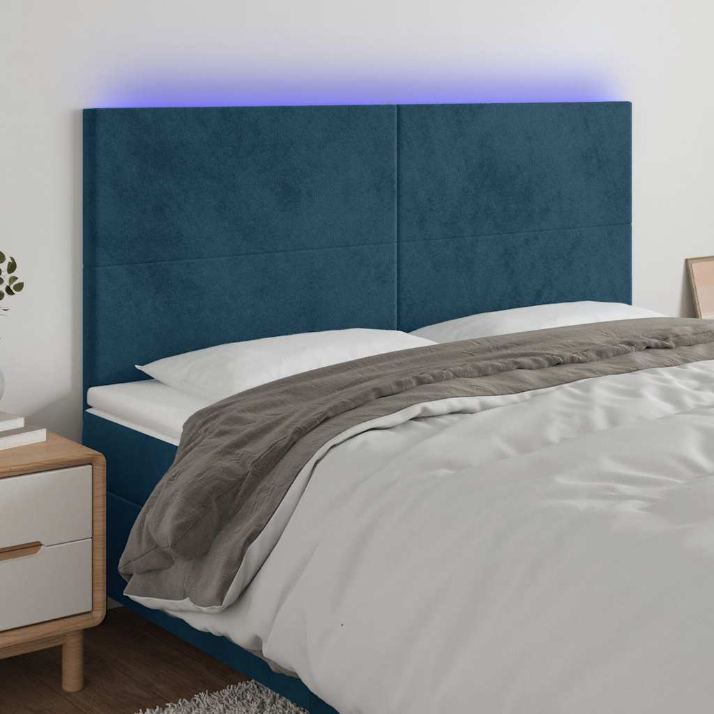 Cabeceira cama c/ luzes LED veludo 160x5x118/128cm azul-escuro