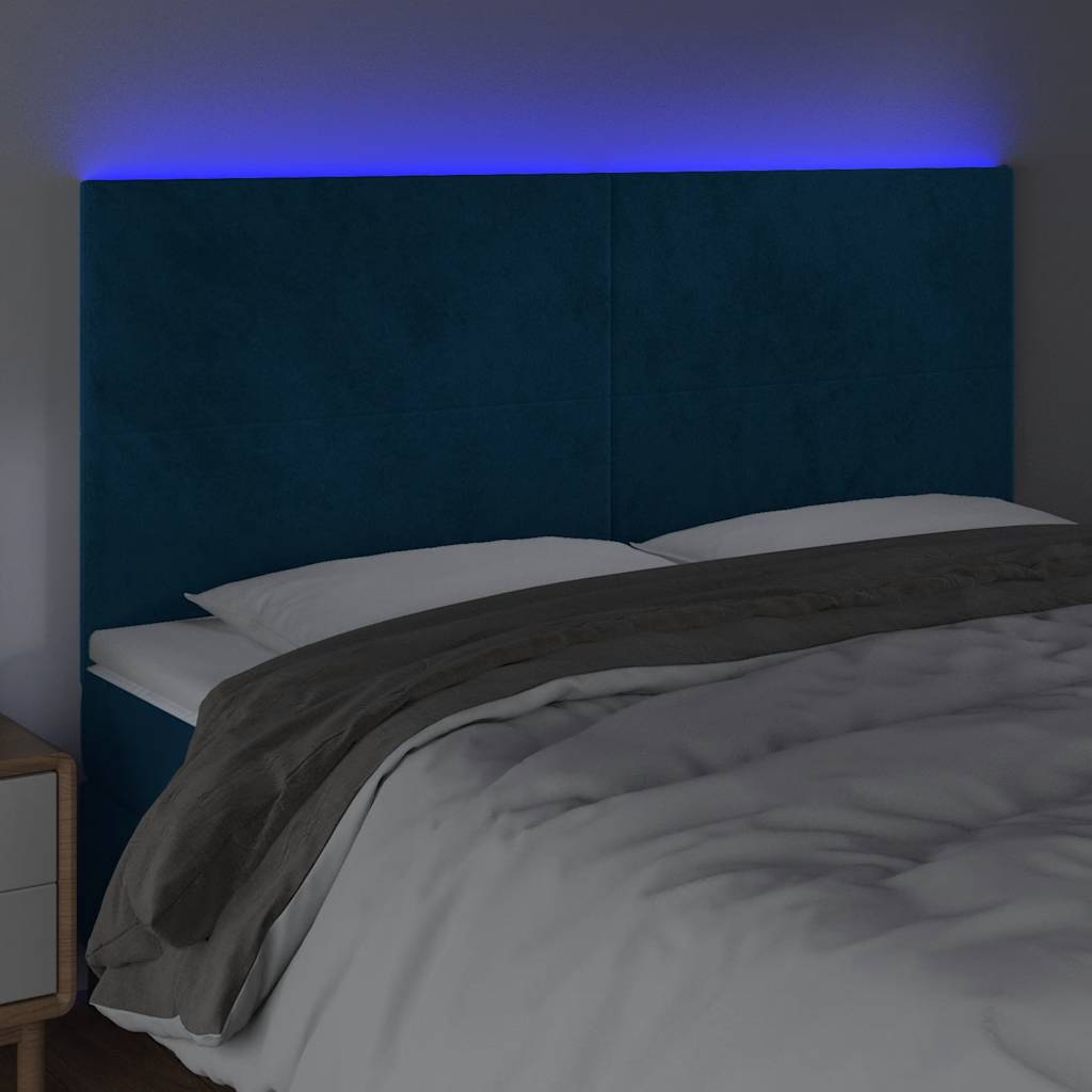 Cabeceira cama c/ luzes LED veludo 160x5x118/128cm azul-escuro