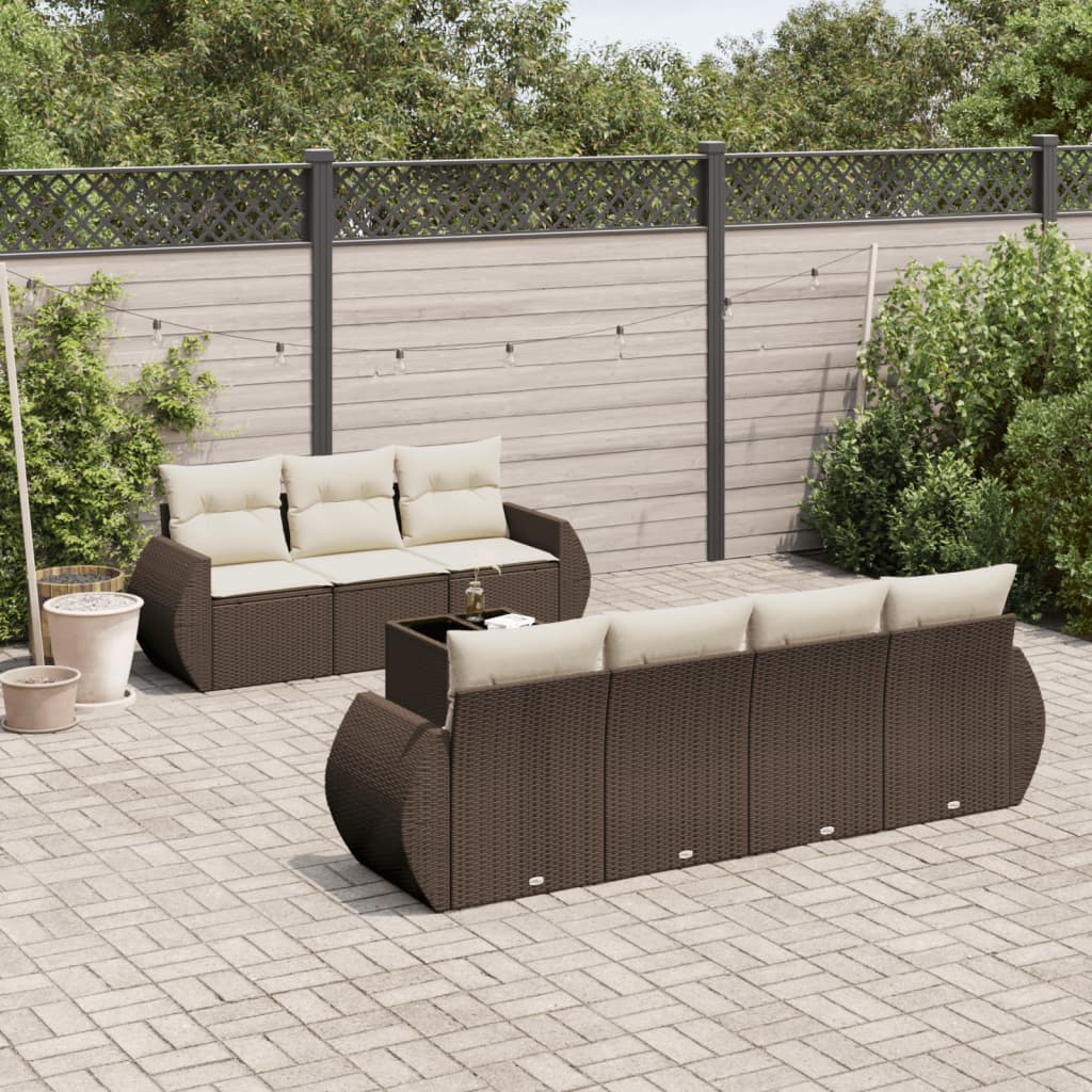 8 Pcs conjunto sofás de jardim c/ almofadões vime PE castanho