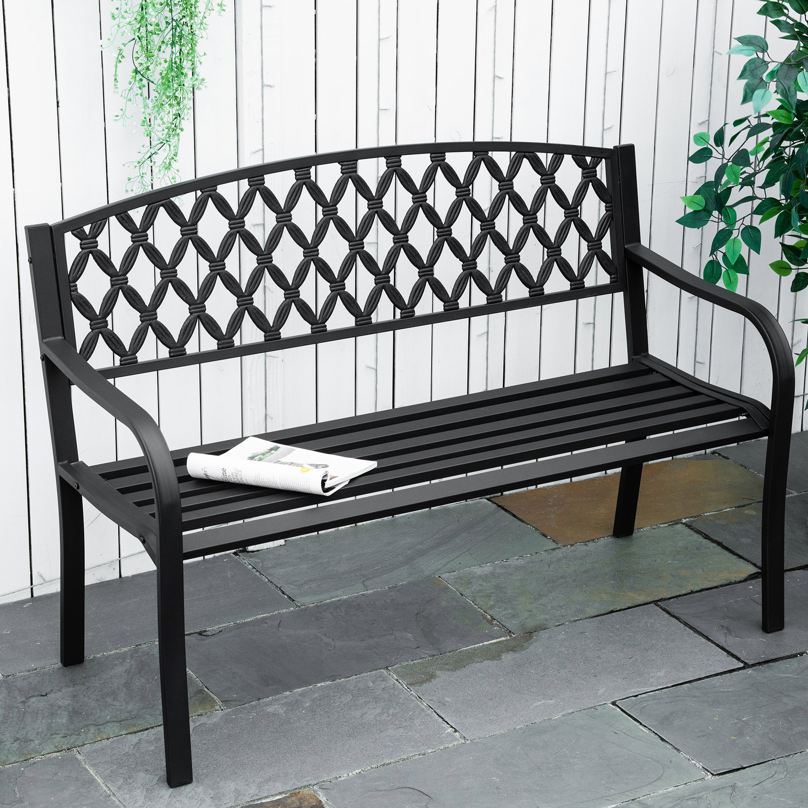Banco de Jardim de 2 Lugares com Encosto Decorativo e Apoio para os Braços para Terraço Varanda Pátio Exterior Carga 280kg Ferro