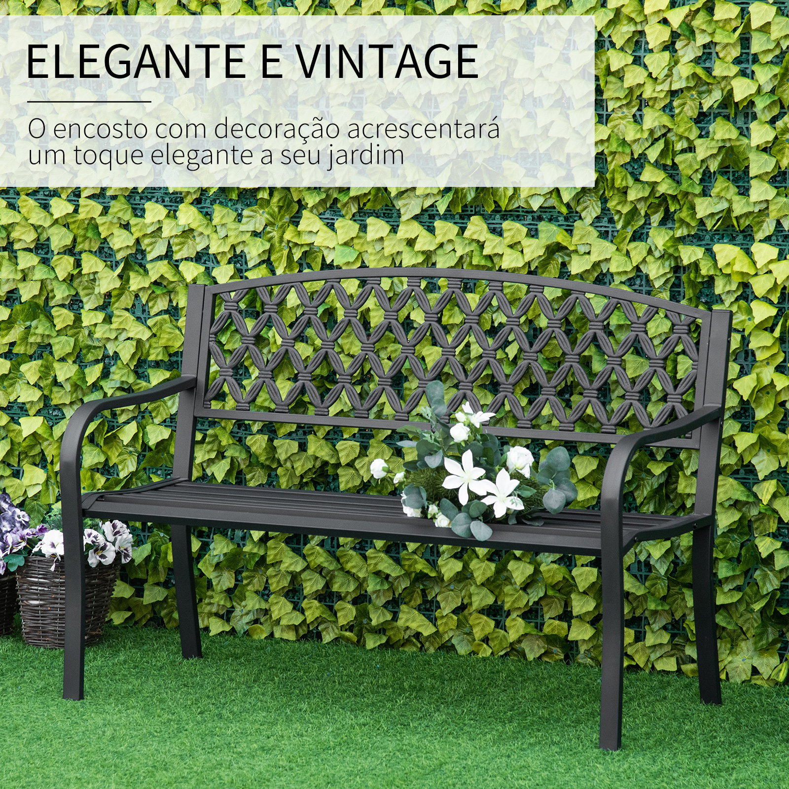 Banco de Jardim de 2 Lugares com Encosto Decorativo e Apoio para os Braços para Terraço Varanda Pátio Exterior Carga 280kg Ferro