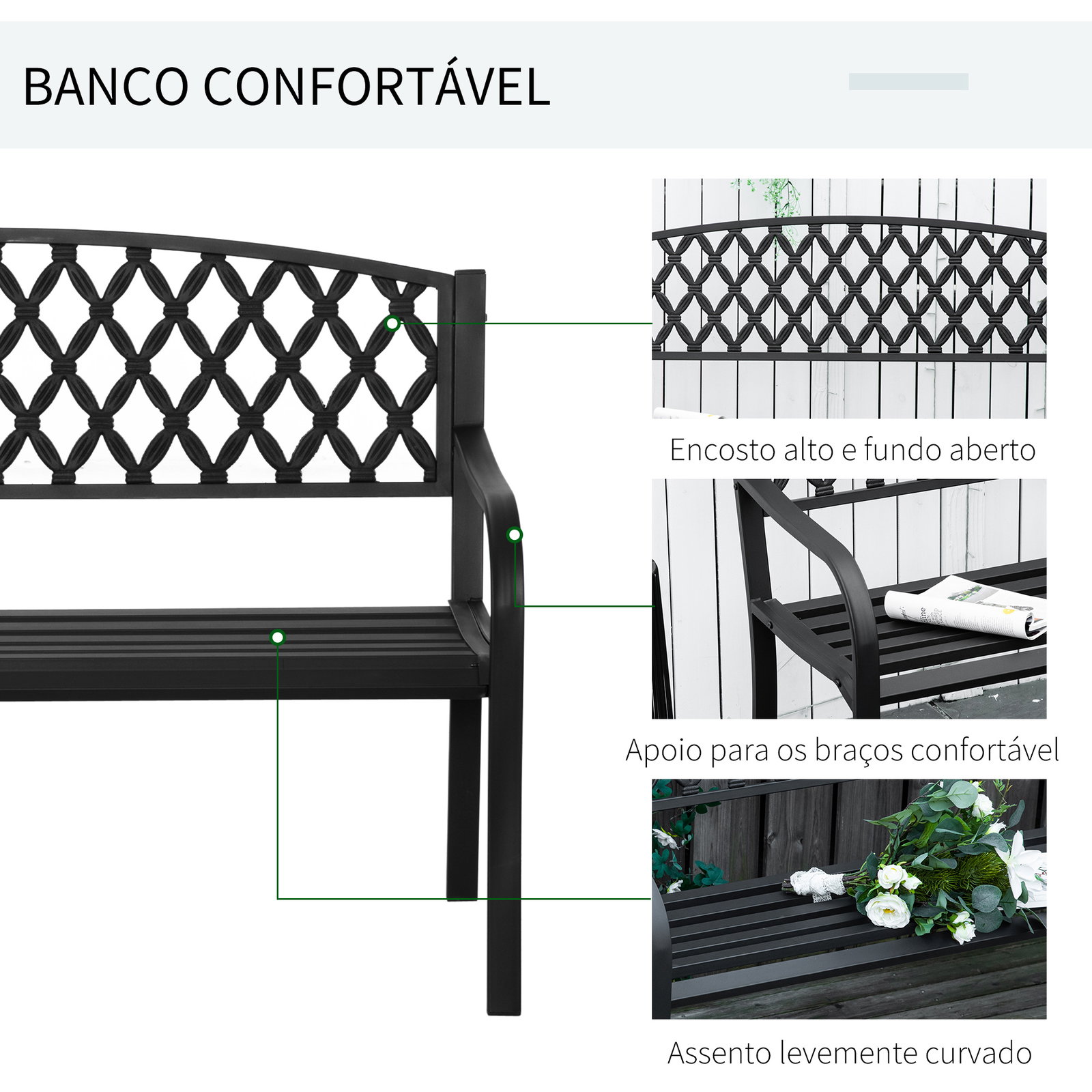 Banco de Jardim de 2 Lugares com Encosto Decorativo e Apoio para os Braços para Terraço Varanda Pátio Exterior Carga 280kg Ferro