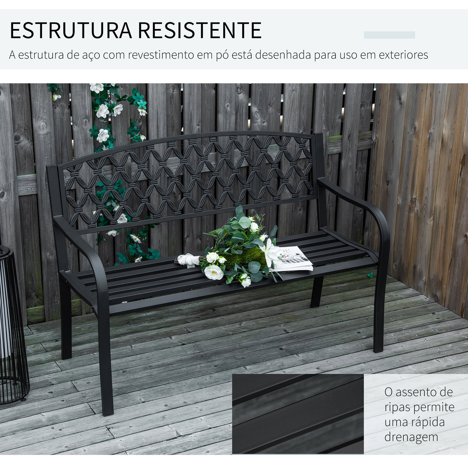 Banco de Jardim de 2 Lugares com Encosto Decorativo e Apoio para os Braços para Terraço Varanda Pátio Exterior Carga 280kg Ferro