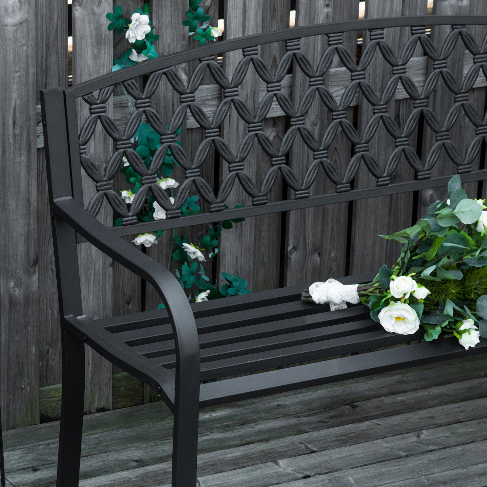 Banco de Jardim de 2 Lugares com Encosto Decorativo e Apoio para os Braços para Terraço Varanda Pátio Exterior Carga 280kg Ferro