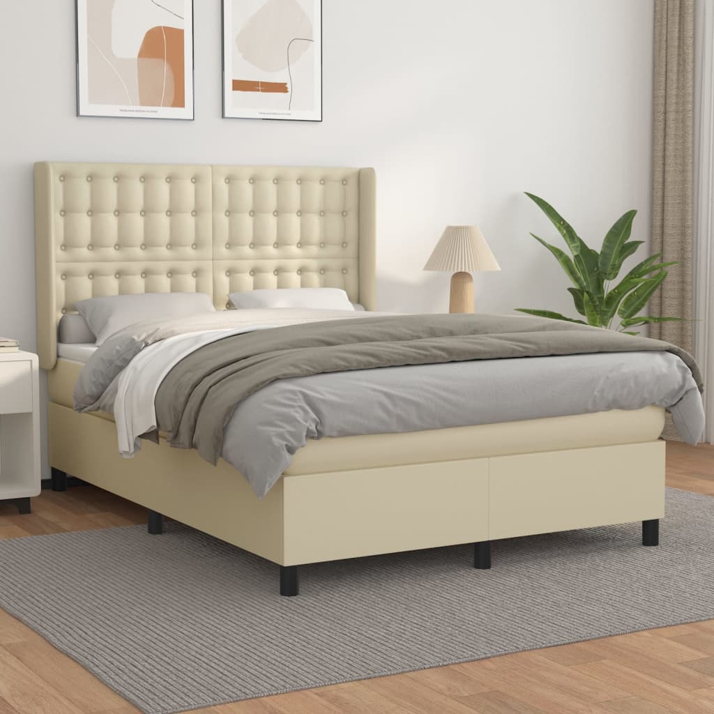 Cama com molas/colchão 140x190 cm couro artificial cor creme