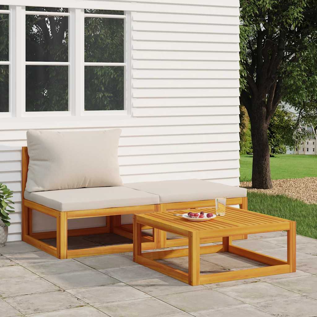 3 Pcs conjunto lounge de jardim c/ almofadões acácia maciça