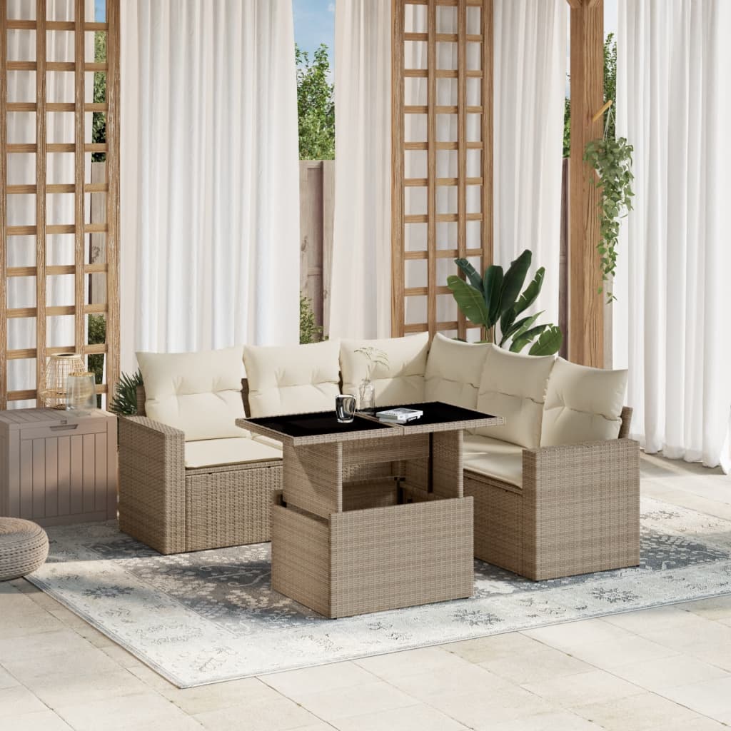 6 Pcs conjunto de sofás p/ jardim com almofadões vime PE bege