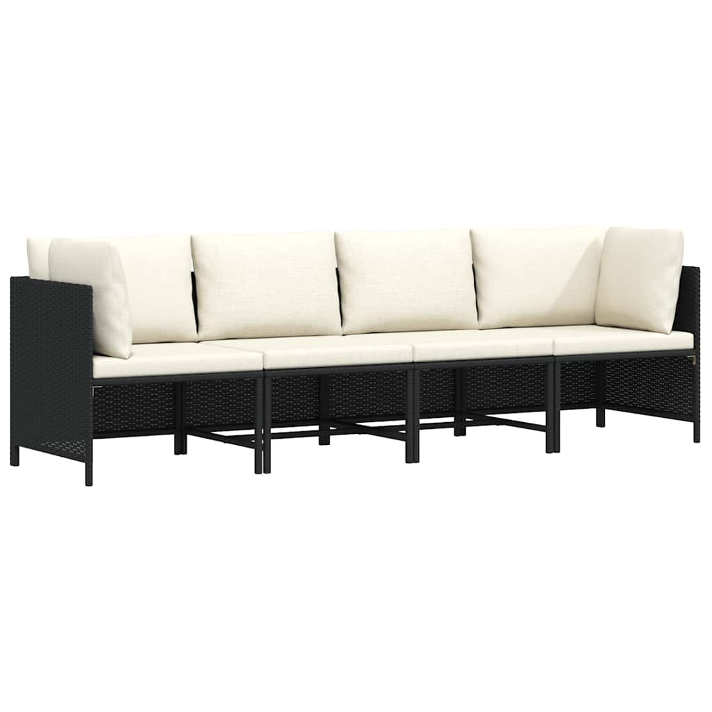 Sofá de jardim 4 lugares com almofadões vime PE preto