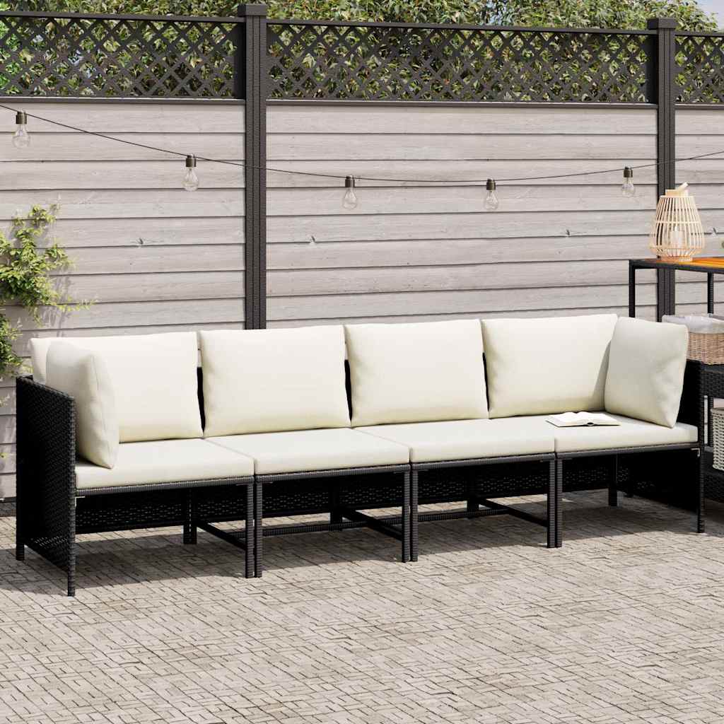 Sofá de jardim 4 lugares com almofadões vime PE preto
