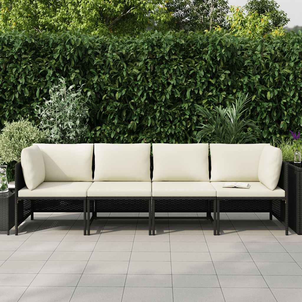 Sofá de jardim 4 lugares com almofadões vime PE preto