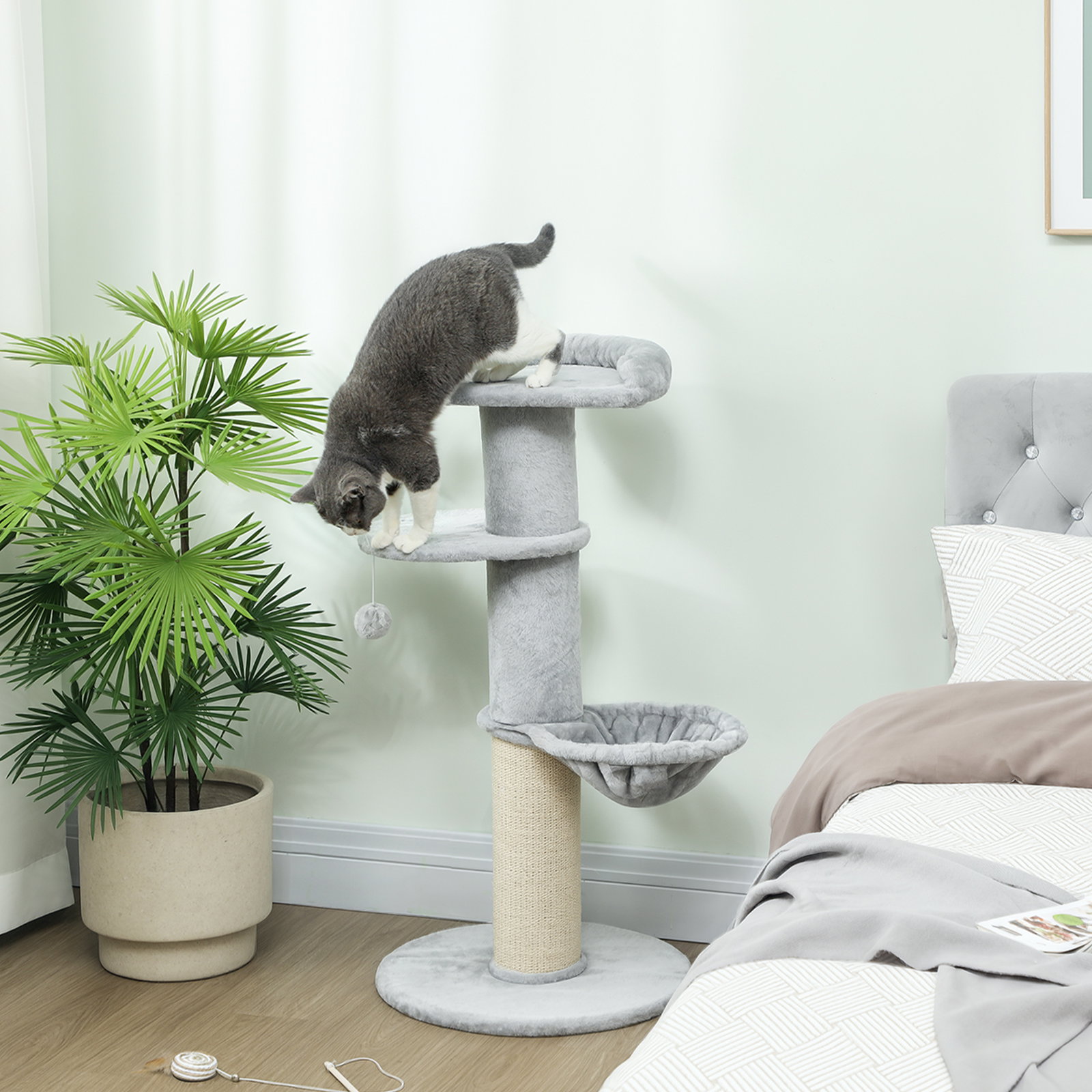 Arranhador para gatos 103,5 cm torre para gatos com cama rede plataforma poste de sisal extra grosso bola pendurada cinza claro
