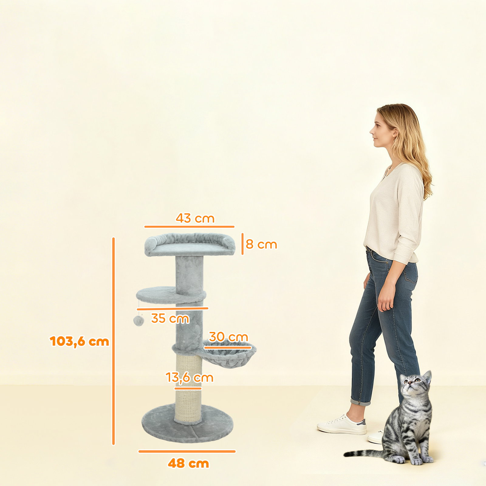 Arranhador para gatos 103,5 cm torre para gatos com cama rede plataforma poste de sisal extra grosso bola pendurada cinza claro